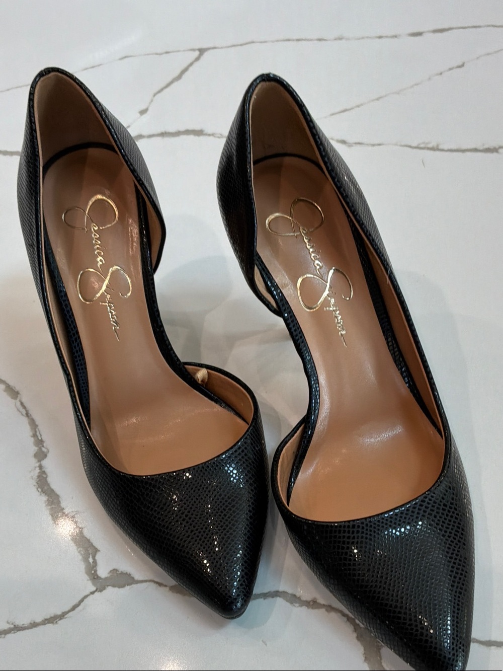 Jessica Simpson Size 7M Black Snakeskin-Texture Pointed Toe Pumps Heels - Picture 12 of 12